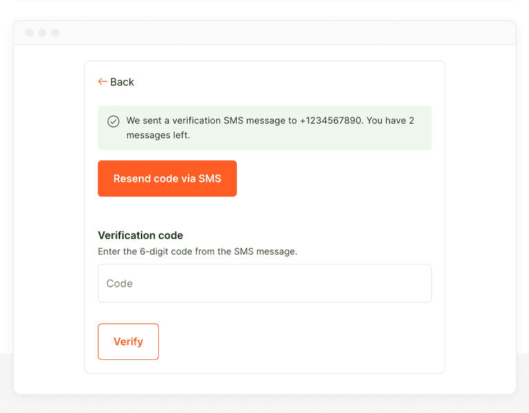 Account creation screen successfully sending an OTP code to the visitor's phone